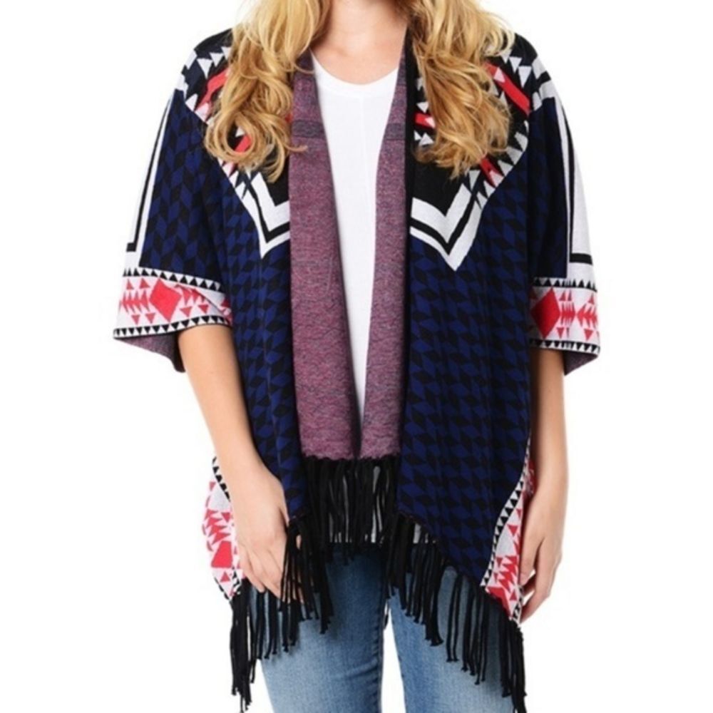 Ella Moss sweater aztec blue‎ red fringe XS…